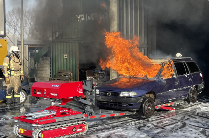 EV car fire being towed by the First Mover